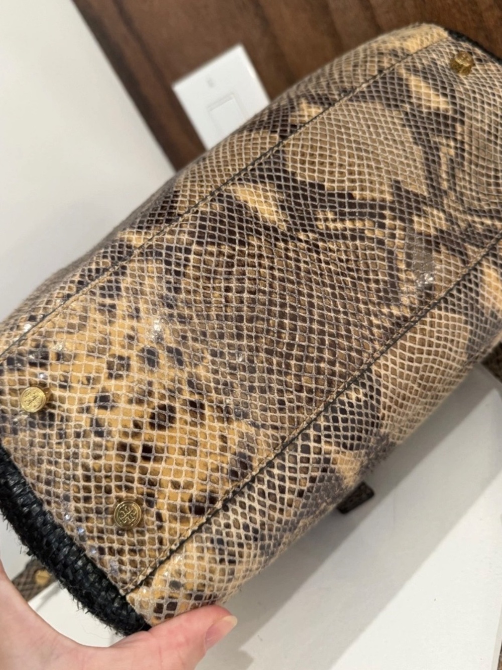 Tory Burch Black Woven and Snake-Print Brown Top Handle Shoulder Bag - Picture 14 of 16